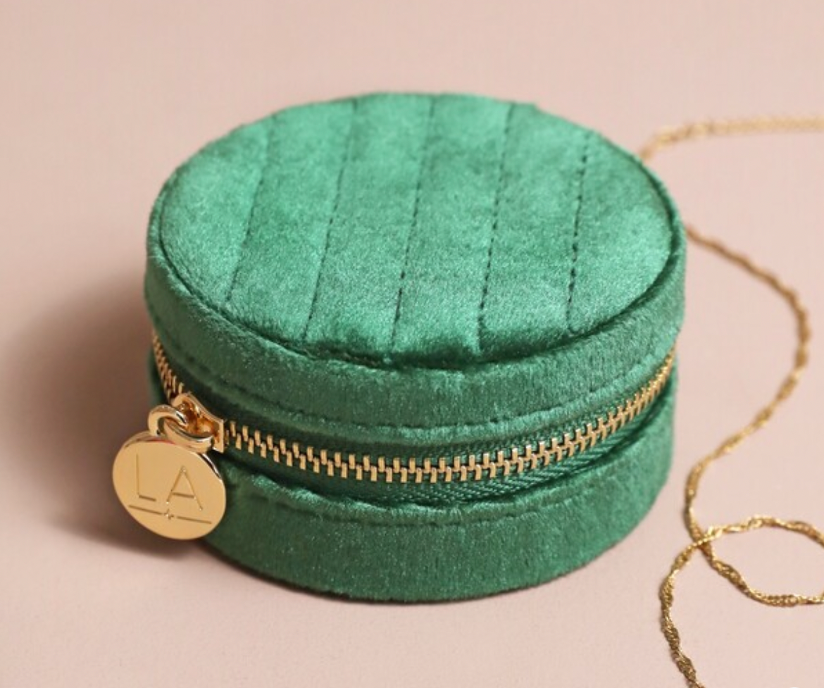 Quilted Velvet Mini Round Travel Jewellery Case in Green