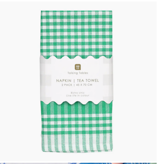 Green & White Fabric Gingham Napkins/Tea Towels