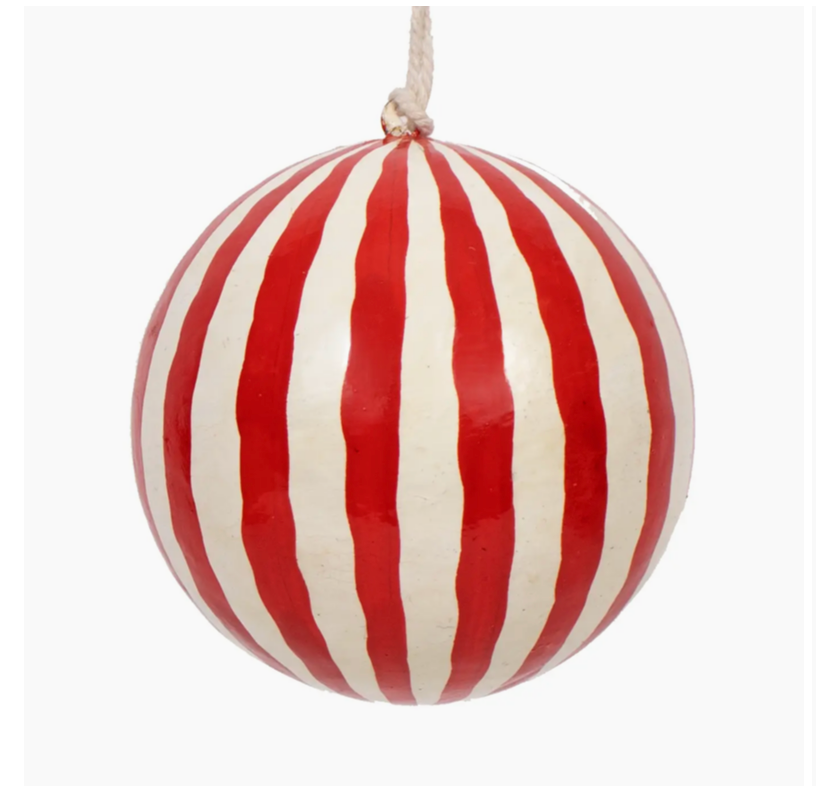 Stripe Papier-Mâché Bauble 7cm, Red & White