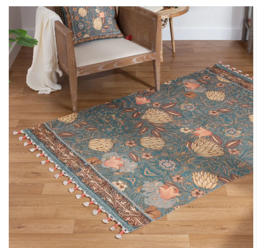 Bolais Floral Tasselled Indoor Rug Blue