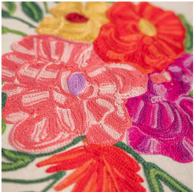 Floral Embroidered & Patch White Pouffe