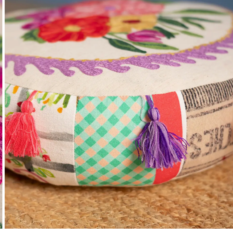 Floral Embroidered & Patch White Pouffe