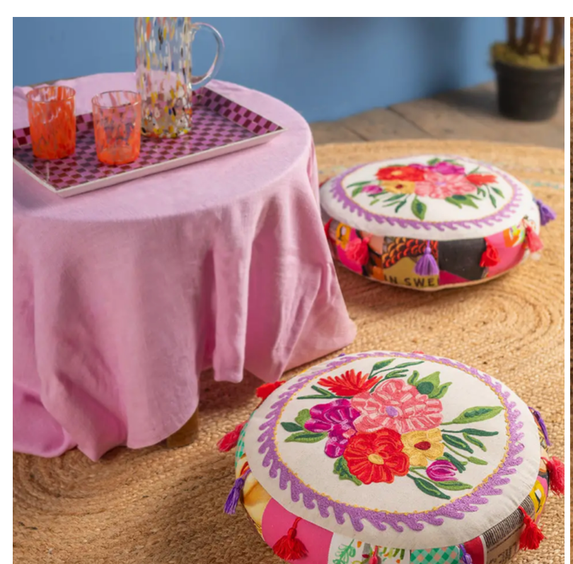 Floral Embroidered & Patch White Pouffe