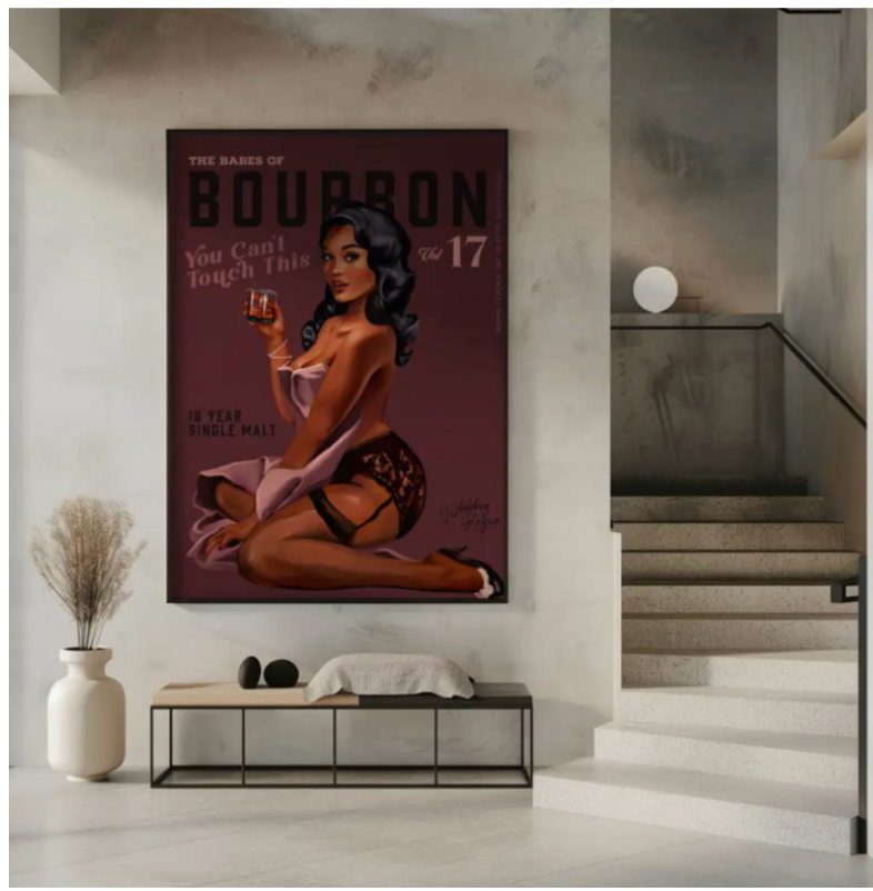Wall Art Babes of Bourbon Cant Touch This. Sexy Retro Pin Up Girl Whiskey Art
