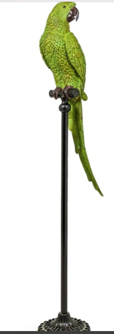 LARGE GREEN PARROT ON FLOOR STANDING PERCH