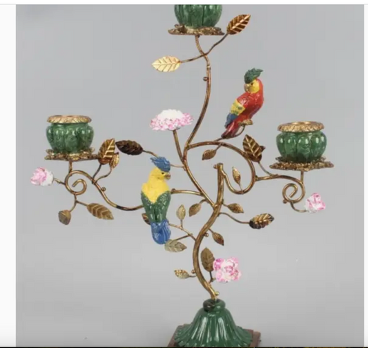 Antiqued Ornate Multi Branch Parrot Candle Holder