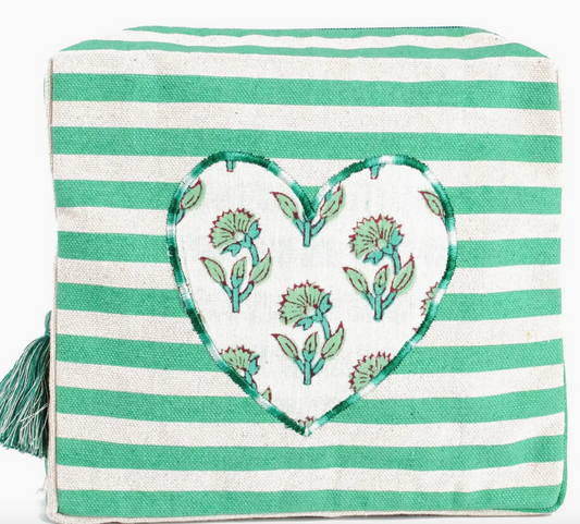 Green Stripe Heart Washbag