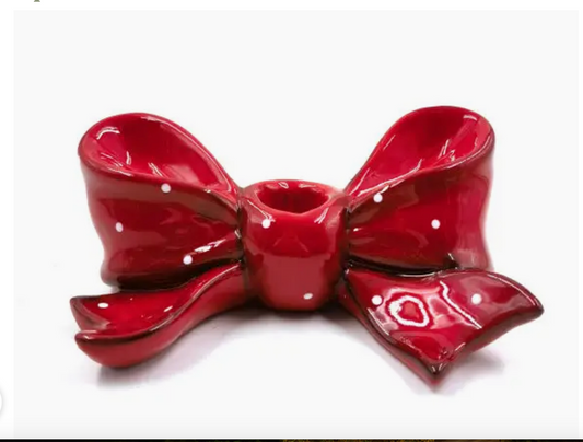 Ruby Red Ribbon Bow Ceramic Candle Holder