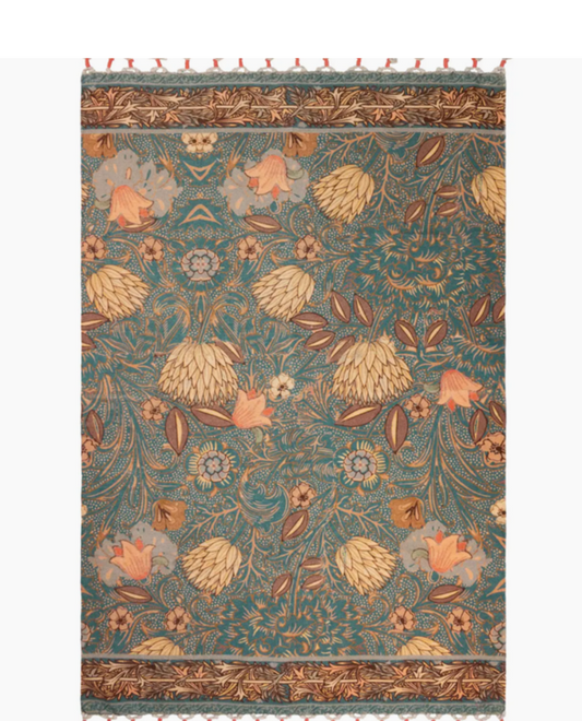 Bolais Floral Tasselled Indoor Rug Blue