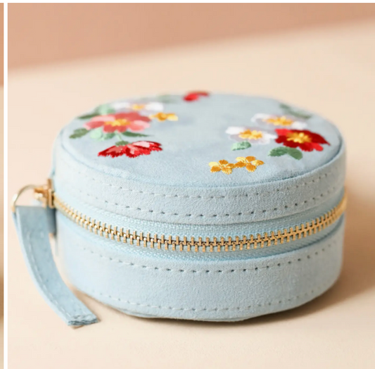 Embroidered Flowers Mini Round Velvet Jewellery Case
