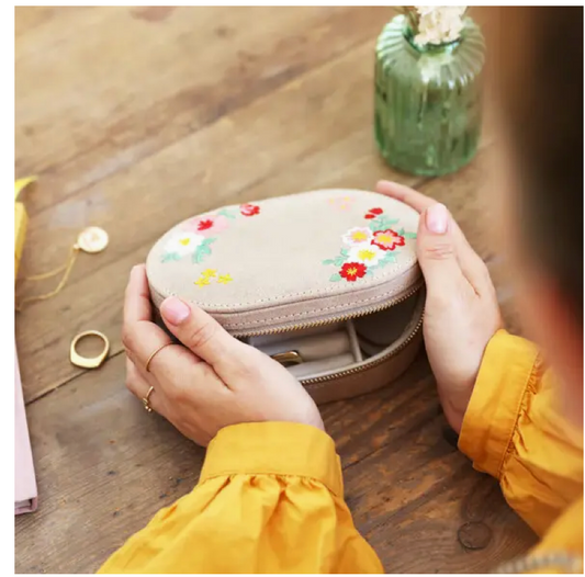 Embroidered Flowers Oval Velvet Jewellery Box