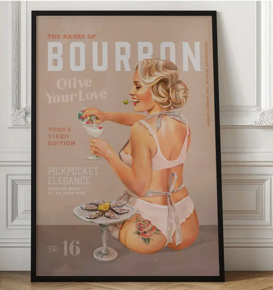Wall Art Babes of Bourbon Vol 16 Vintage Vodka Martini Pin Up Girl black frame