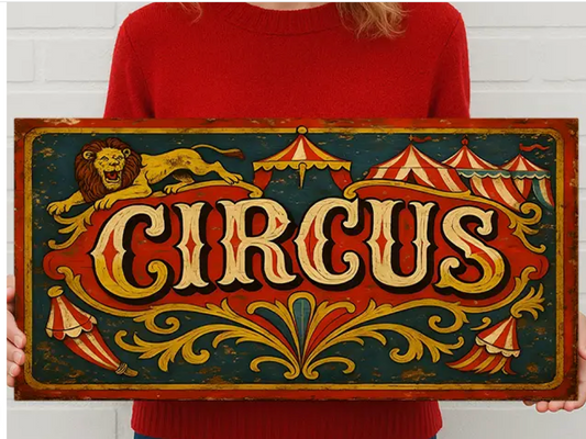 Vintage Circus Metal Sign – Lion Tents & Scroll Design Decor
