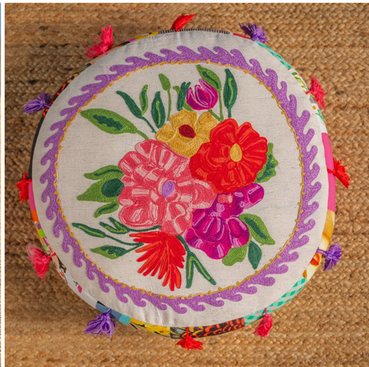 Floral Embroidered & Patch White Pouffe
