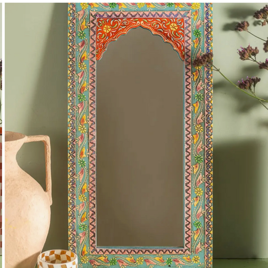 Highly Decorative Arched Wooden Mirror with Mehandi Work