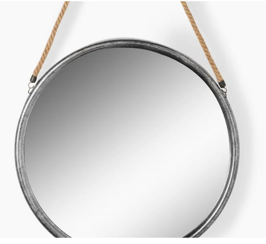 Round Silver/Champagne Metal Mirror with Hanging Rope