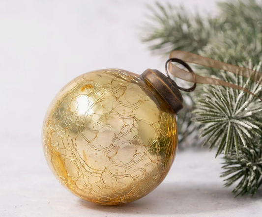 2" Medium Gold Crackle Glass Christmas Tree Bauble Ornament