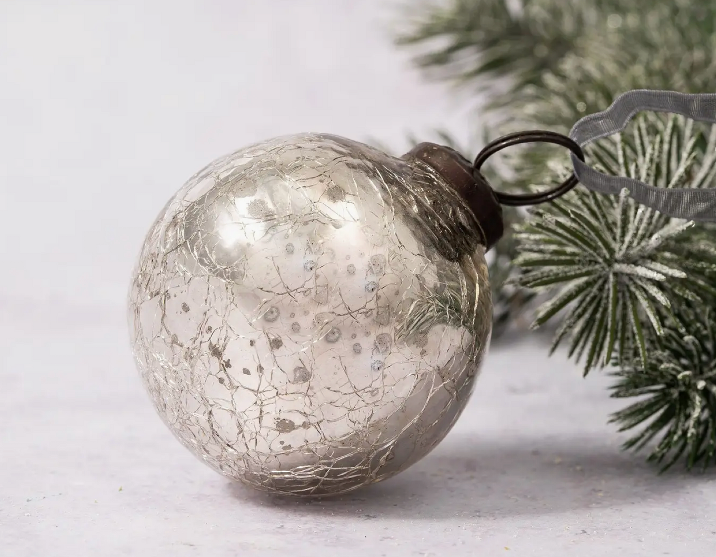 2" Medium Silver Crackle Glass Christmas Bauble
