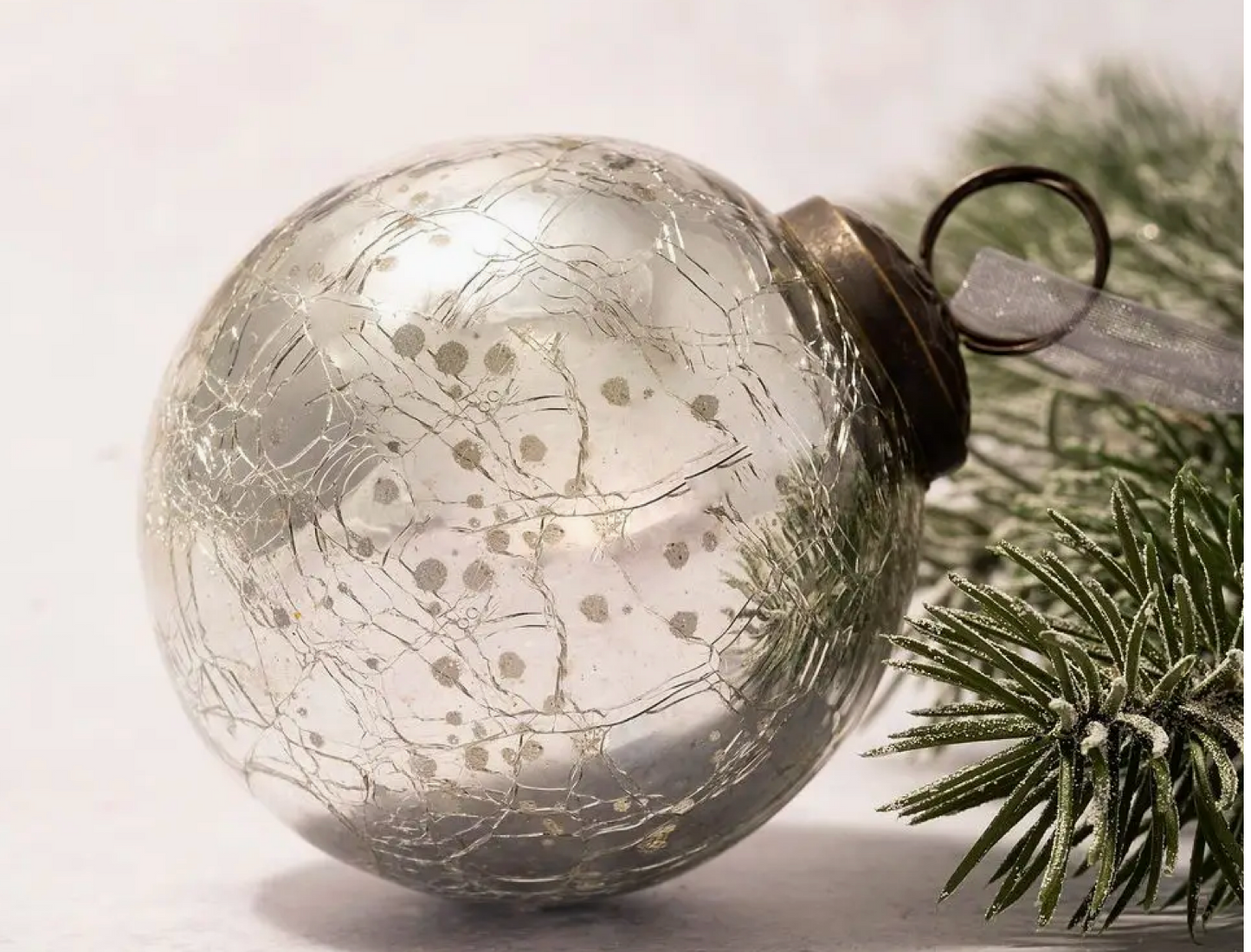3" Large Silver Crackle Glass Christmas Tree Bauble Ornament