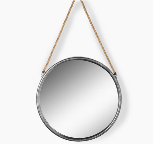 Round Metal Mirror with Hanging Rope and Hook